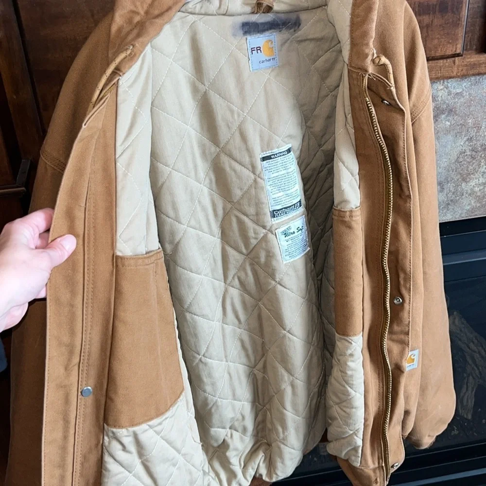 Carhartt tan flame retardant hooded work utility barn full zip jacket coat XXL
